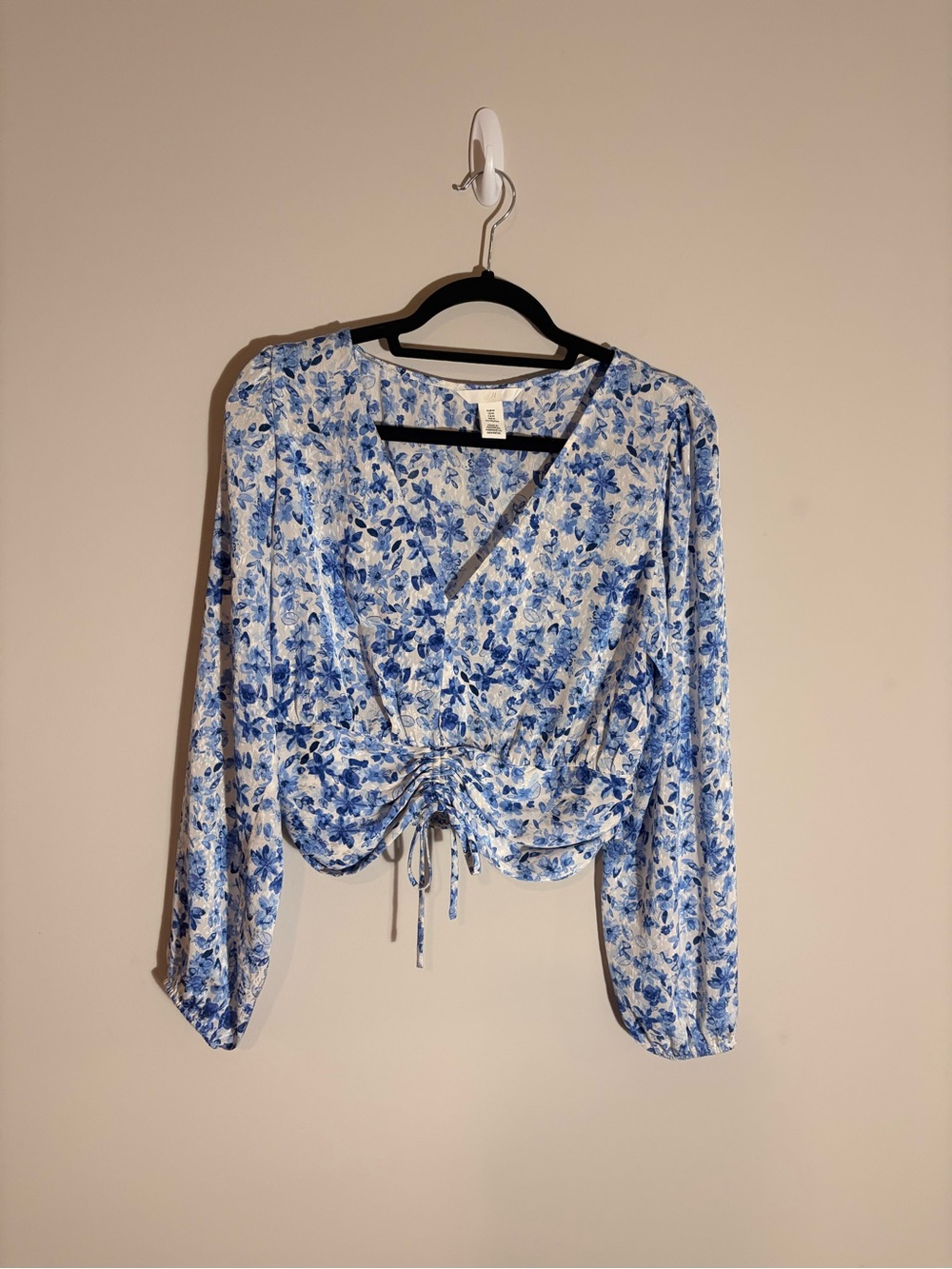 H&M Blue and White Floral Drawstring Blouse